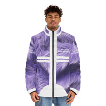 Load image into Gallery viewer, DCYG White logo & Purple Fur Xclusive Unisex Puffer Jacket (AOP)