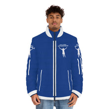 Load image into Gallery viewer, DCYG White logo & Blue Unisex Puffer Jacket (AOP)