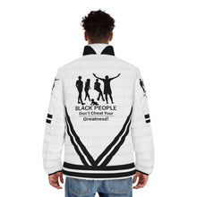 Load image into Gallery viewer, DCYG Black People Unisex Black logo & White Puffer Jacket (AOP)