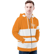Load image into Gallery viewer, DEI White Logo & Orange and White Mens All Over Print Classic Zip Hoodie