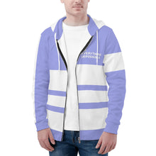 Load image into Gallery viewer, DEI White Logo & Purple and White Mens All Over Print Classic Zip Hoodie