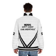 Load image into Gallery viewer, DCYG NERDS Unisex Black logo & White Puffer Jacket (AOP)