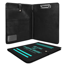 Load image into Gallery viewer, Cure 4 Doge Teal Logo, Stripes & Black Foldable Leather Portfolio Organizer with Clipboard for Paperwork and Students (with clip)