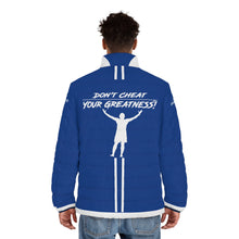 Load image into Gallery viewer, DCYG White logo & Blue Unisex Puffer Jacket (AOP)