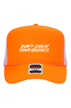 Load image into Gallery viewer, DON'T CHEAT YOUR GREATNESS R 5 Panel Neon Back Split Cap