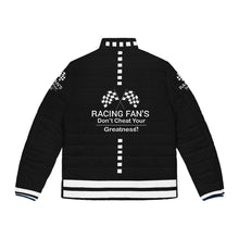 Load image into Gallery viewer, DCYG Racing Fans White Logo & Black Unisex Puffer Jacket (AOP)