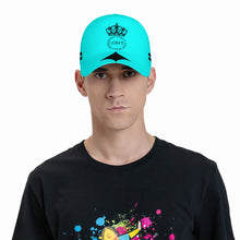 Load image into Gallery viewer, Royalty DON'T D4XV Black Logo, Stripes, Designs & Turquoise Curved Brim Baseball Cap (AOP)