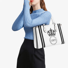 Load image into Gallery viewer, Royalty DON'T D4XV Black Logo ,Stripes & White Multiple Sizes Upgraded Luxury Women PU Leather Handbag