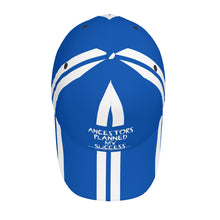 Load image into Gallery viewer, Ancestors Black, White Logo, White Stripes & Blue Curved Brim Baseball Cap (AOP)
