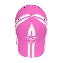 Load image into Gallery viewer, Ancestors Black, White Logo, White Stripes & Pink Curved Brim Baseball Cap (AOP)