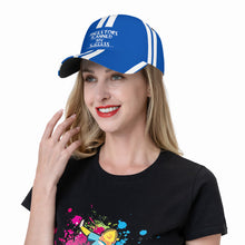 Load image into Gallery viewer, Ancestors Black, White Logo, White Stripes & Blue Curved Brim Baseball Cap (AOP)
