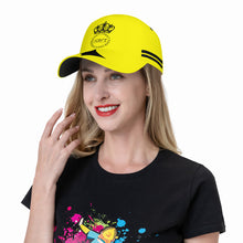 Load image into Gallery viewer, Royalty DON'T D4XV Black Logo ,Stripes , Designs & Yellow Curved Brim Baseball Cap (AOP)