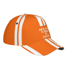 Load image into Gallery viewer, Ancestors Black, White Logo, White Strips & Orange Curved Brim Baseball Cap (AOP)