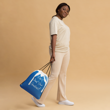 Load image into Gallery viewer, DCYG DRIP White Cursive Logo & Navy Blue Drawstring bag