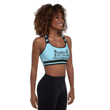 Load image into Gallery viewer, DCYG 24SX Baddies Black Logo & Blue Padded Sports Bra