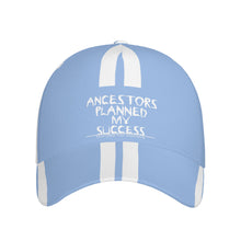 Load image into Gallery viewer, Ancestors Black, White Logo, White Strips & Light Blue Curved Brim Baseball Cap (AOP)