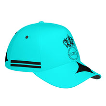 Load image into Gallery viewer, Royalty DON'T D4XV Black Logo, Stripes, Designs & Turquoise Curved Brim Baseball Cap (AOP)