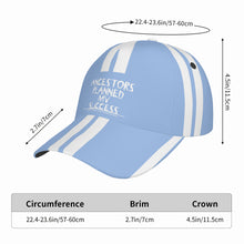 Load image into Gallery viewer, Ancestors Black, White Logo, White Strips & Light Blue Curved Brim Baseball Cap (AOP)