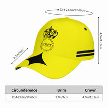 Load image into Gallery viewer, Royalty DON'T D4XV Black Logo ,Stripes , Designs & Yellow Curved Brim Baseball Cap (AOP)