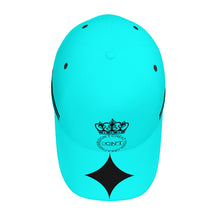 Load image into Gallery viewer, Royalty DON'T D4XV Black Logo, Stripes, Designs & Turquoise Curved Brim Baseball Cap (AOP)