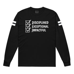 DISCIPLINED EXCEPTIONAL IMPACTFUL, DEI, White Logo,Multi Color, Garment-dyed heavyweight long-sleeve shirt