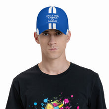 Load image into Gallery viewer, Ancestors Black, White Logo, White Stripes & Blue Curved Brim Baseball Cap (AOP)