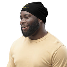 Load image into Gallery viewer, All-Over Print Black Beanie Gold Logo