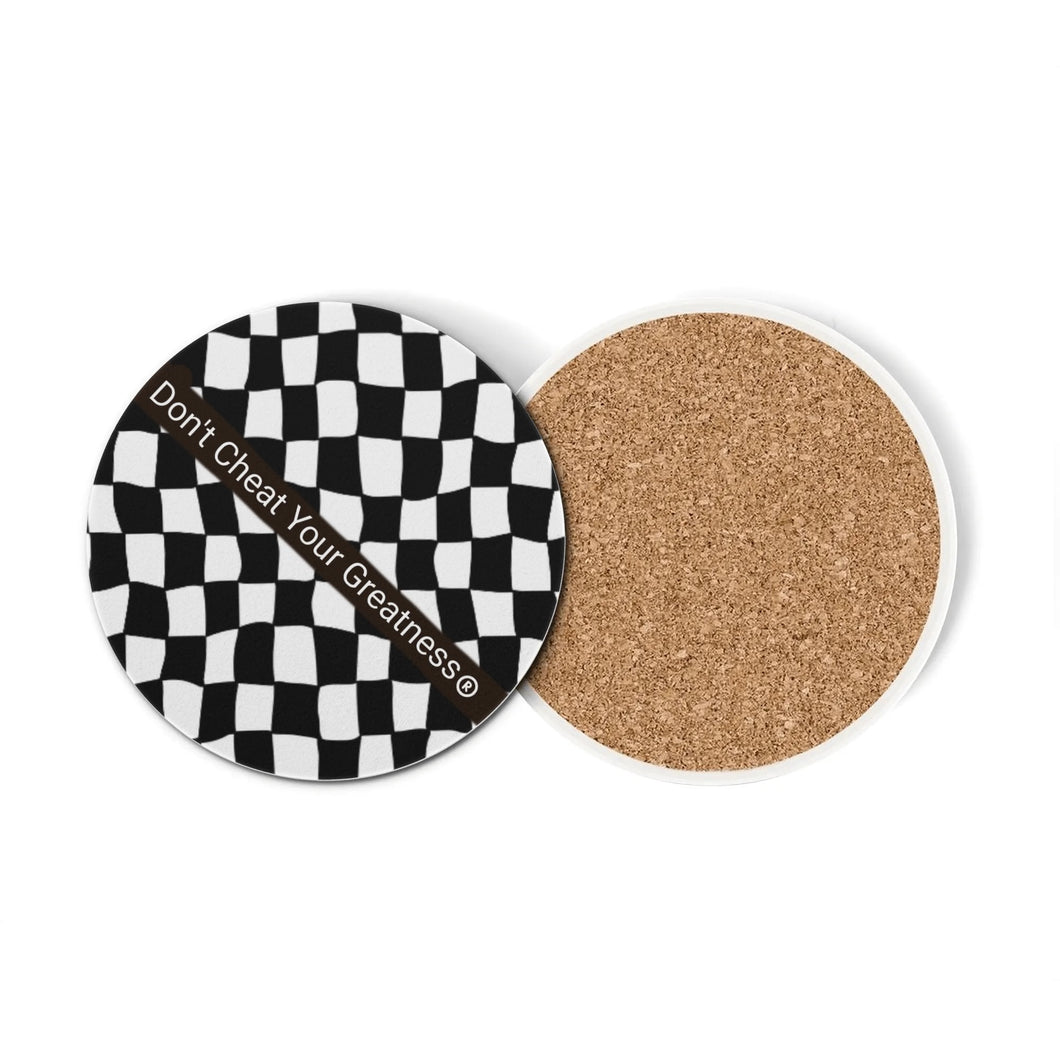 45Dgr White Logo & Blk & White  Checkered Round Ceramic Coasters