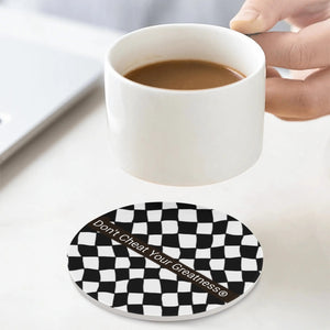 45Dgr White Logo & Blk & White  Checkered Round Ceramic Coasters