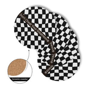 45Dgr White Logo & Blk & White  Checkered Round Ceramic Coasters