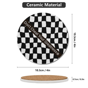 45Dgr White Logo & Blk & White  Checkered Round Ceramic Coasters