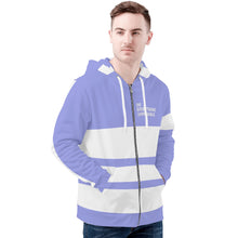 Load image into Gallery viewer, DEI White Logo &amp; Purple and White Mens All Over Print Classic Zip Hoodie
