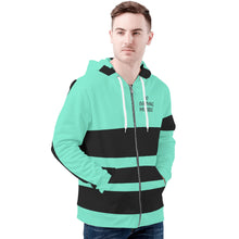 Load image into Gallery viewer, DEI  Black Logo, Stripes &amp; Mint Green Mens All Over Print Classic Zip Hoodie
