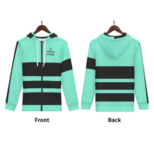 Load image into Gallery viewer, DEI  Black Logo, Stripes &amp; Mint Green Mens All Over Print Classic Zip Hoodie
