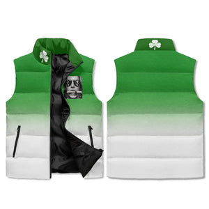 IRISH, ANCESTORS PLANNED MY SUCCESS, White Logo, White Male, Green , White, Unisex Lightweight All Over Printing Stand Collar Zip Up Puffer Vest