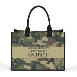 NAME CALLING DOESNT HURT, VOTES DO, Black Logo, Camouflage, Premium All-Over Print Canvas Tote Bag（3 layers）