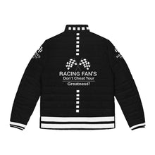 Load image into Gallery viewer, DCYG Racing Fans White Logo &amp; Black  Unisex Puffer Jacket (AOP)
