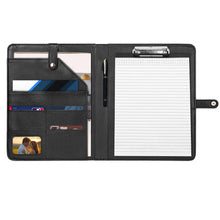 Load image into Gallery viewer, Cure 4 Doge Teal Logo, Stripes &amp; Black Foldable Leather Portfolio Organizer with Clipboard for Paperwork and Students (with clip)
