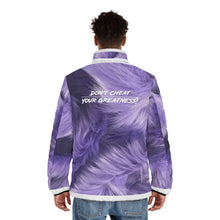 Load image into Gallery viewer, DCYG White logo &amp; Purple Fur Xclusive Unisex Puffer Jacket (AOP)
