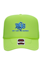 Load image into Gallery viewer, DCYG BOLD Navy Blue Logo 5 Panel Neon Trucker Cap
