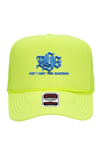 Load image into Gallery viewer, DCYG BOLD Navy Blue Logo 5 Panel Neon Trucker Cap
