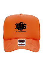 Load image into Gallery viewer, DCYG BOLD Black Logo 5 Panel Neon Trucker Cap
