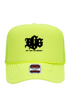 Load image into Gallery viewer, DCYG BOLD Black Logo 5 Panel Neon Trucker Cap
