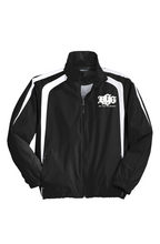 Load image into Gallery viewer, DCYG BOLD White Logo Royal Navy and Black White Stripes Colorblock Raglan Jacket
