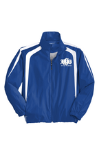 Load image into Gallery viewer, DCYG BOLD White Logo Royal Navy and Black White Stripes Colorblock Raglan Jacket
