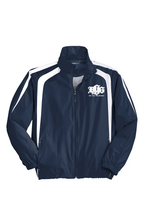 Load image into Gallery viewer, DCYG BOLD White Logo Royal Navy and Black White Stripes Colorblock Raglan Jacket
