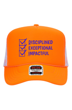 Load image into Gallery viewer, DEI Blue Disciplined Exceptional Impactful Multi Color 5 Panel Neon Back Split Cap
