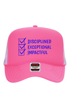 Load image into Gallery viewer, DEI Blue Disciplined Exceptional Impactful Multi Color 5 Panel Neon Back Split Cap
