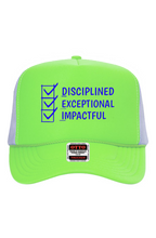 Load image into Gallery viewer, DEI Blue Disciplined Exceptional Impactful Multi Color 5 Panel Neon Back Split Cap
