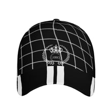 Load image into Gallery viewer, Royalty 24 White Logo , Netting ,Stripes &amp; Black Curved Brim Baseball Cap (AOP)
